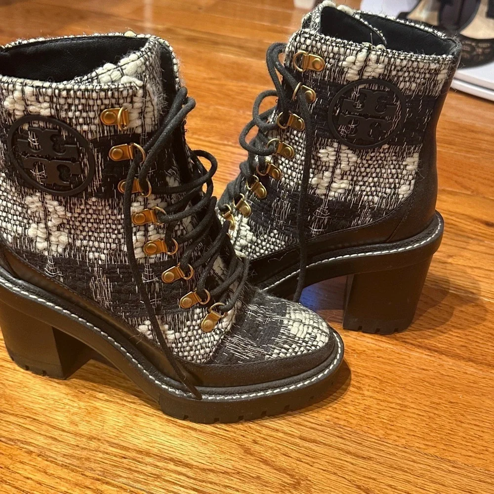 Tory Burch Black and White Plaid Chunky Heel Boots